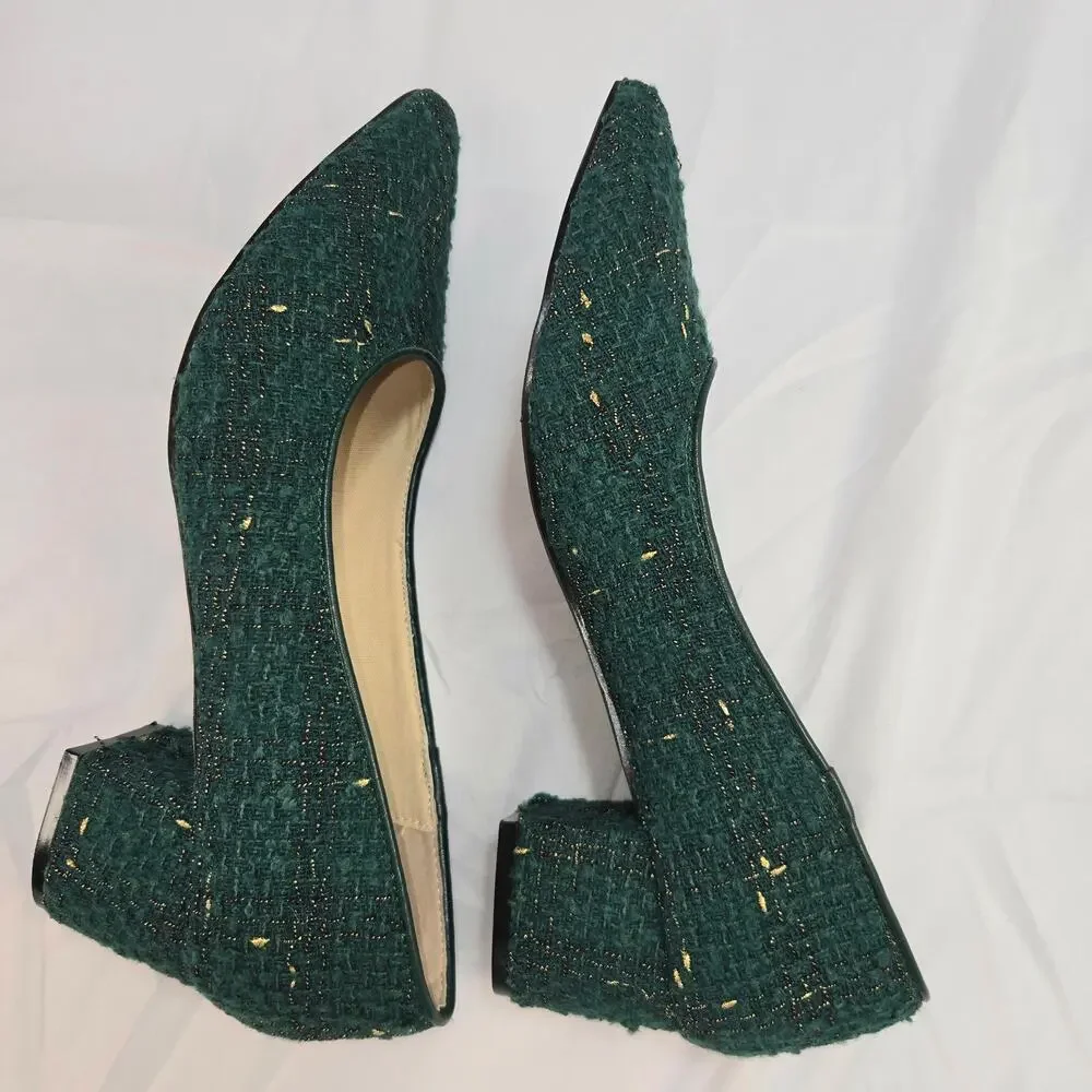 Allegra K Women Sz 9 Dark Green Gold Tweed Wedge Heels Wedding Granny Retro